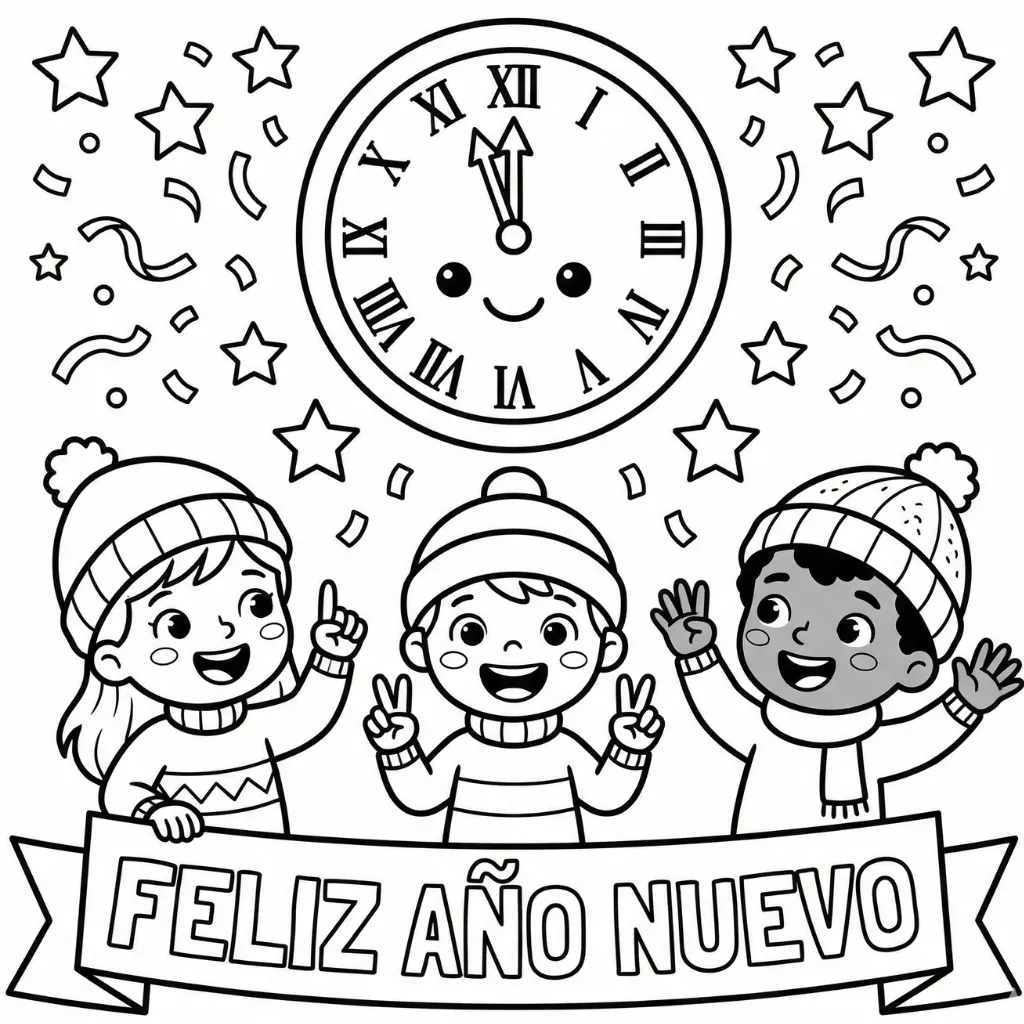 Feliz Año Nuevo 5 para colorear para imprimir kawaii