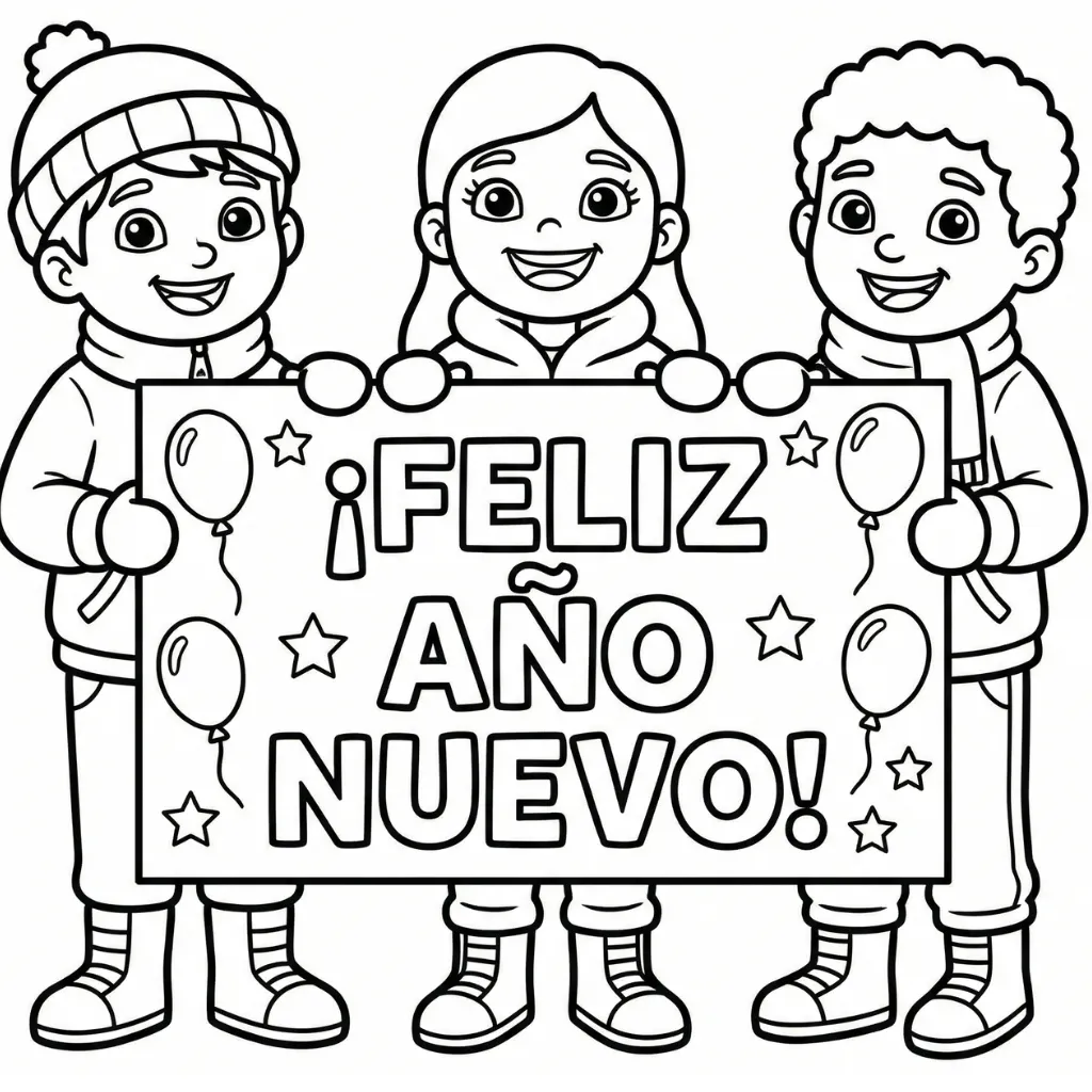 Feliz Año Nuevo 6 para colorear para imprimir para niño de 3 años