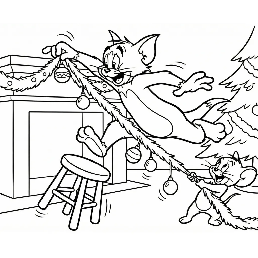 Tom y Jerry de Navidad 2 para colorear gratis para imprimir
