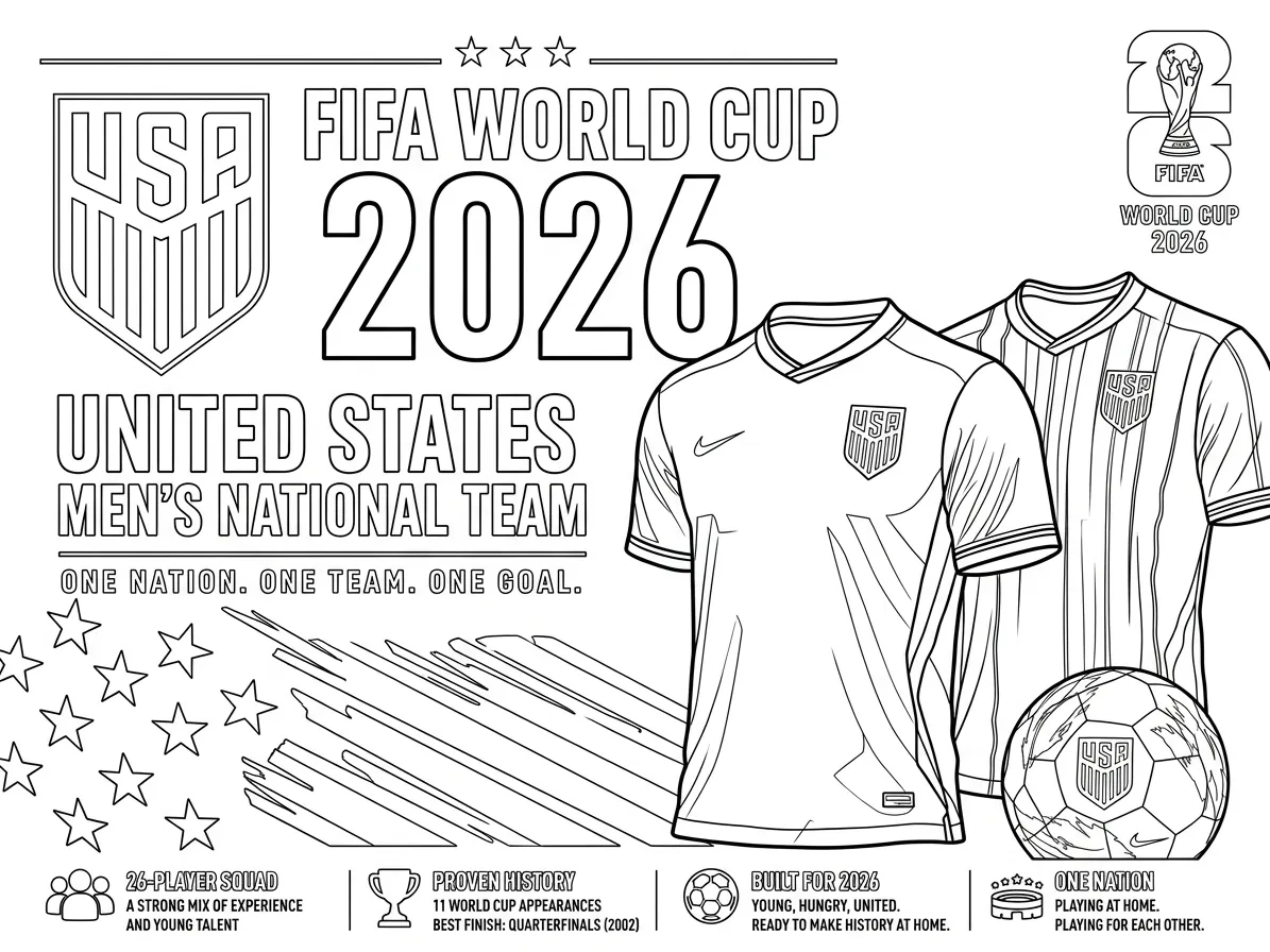 Selección De Fútbol De Estados Unidos – Copa Mundial 2026 Para Colorear para colorear gratis para imprimir 1