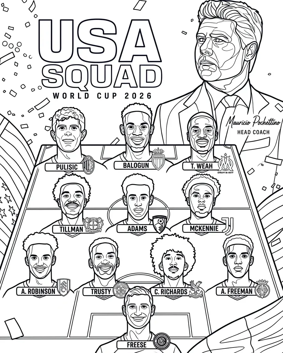 Selección De Fútbol De Estados Unidos – Copa Mundial 2026 Para Colorear para colorear gratis para imprimir